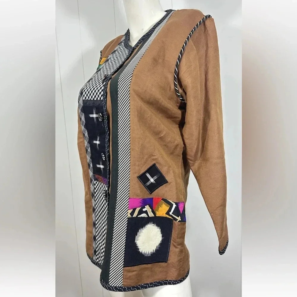 Lynn Murray Brown Colorful Wearable Art Applique Patches Jacket Coat Sz 4 - Picture 4 of 8